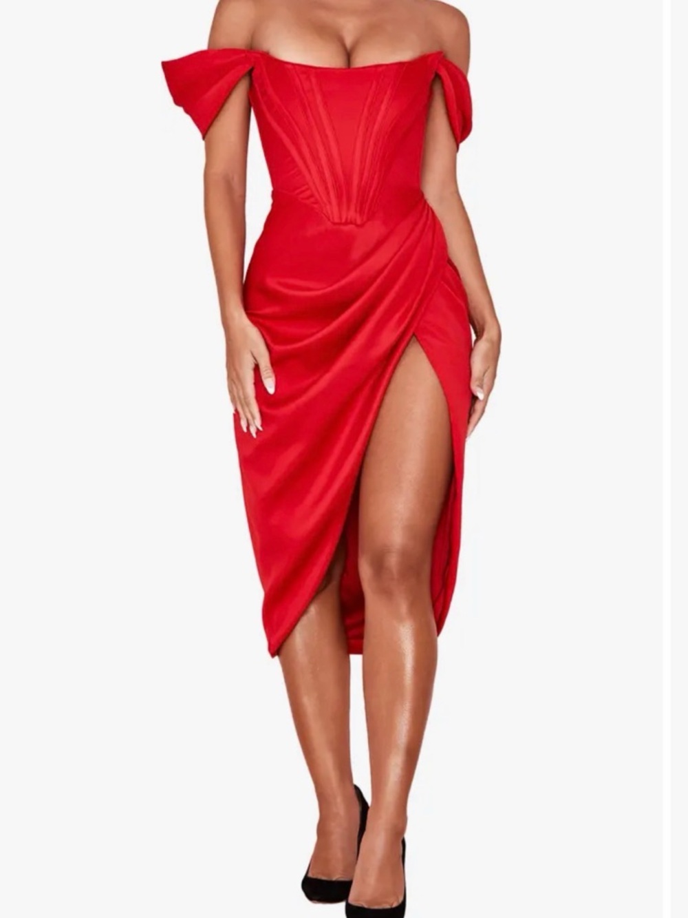 Off-Shoulder Red Midi Dress with Front Thigh Slit